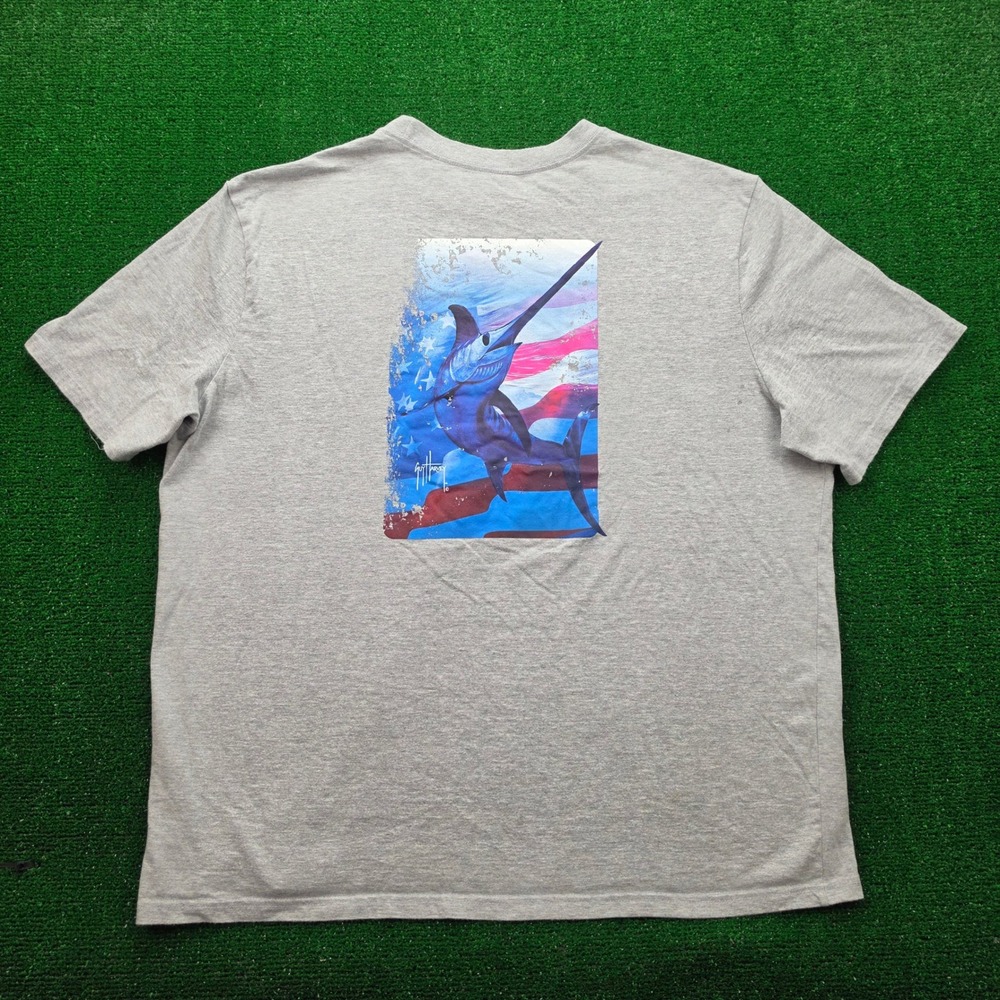 Guy‎ Harvey Patriotic Graphic Tshirt Mens 3XL Gray Marlin Fishing Short Sleeve